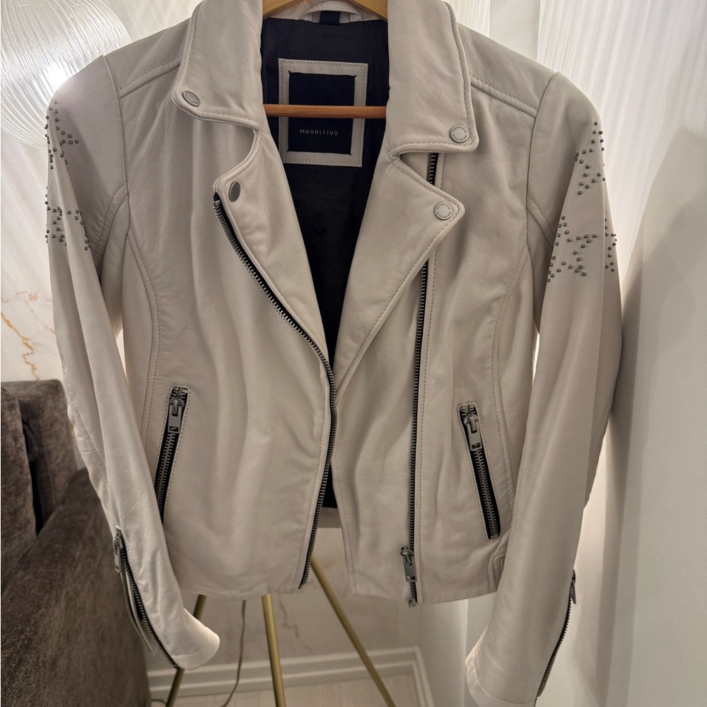 Women's off white Leather Biker Jacket